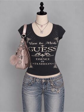 VTG Guess Jeans 100% Cotton Graphic Tee Shirt Small Black Beaded Scoop Neck Y2K